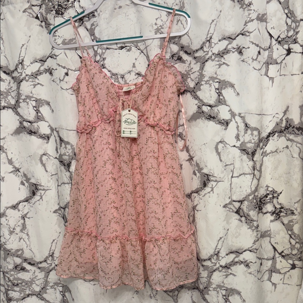 Elegant Pink Chiffon Floral Print Ruffle Dress